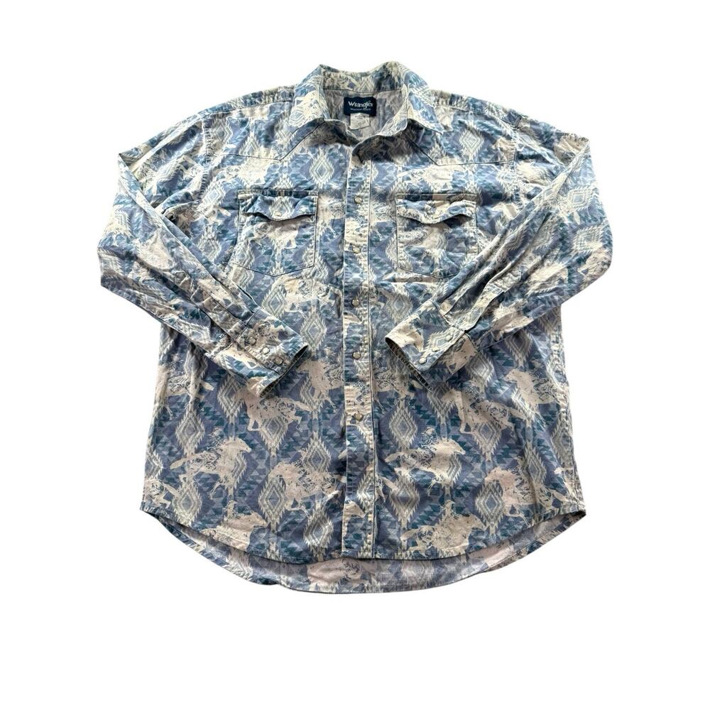 Wrangler Pearl Snap Button Up Mens Large Aztec Horse Print Western Rodeo Cowboy